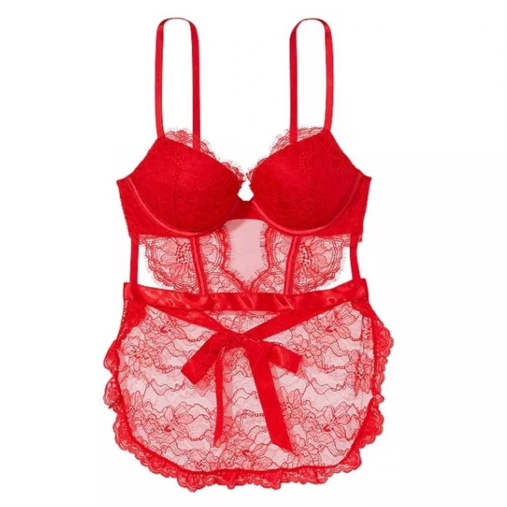 New! Victoria's Secret Lipstick Red Bombshell Apron Teddy Lingerie 22822